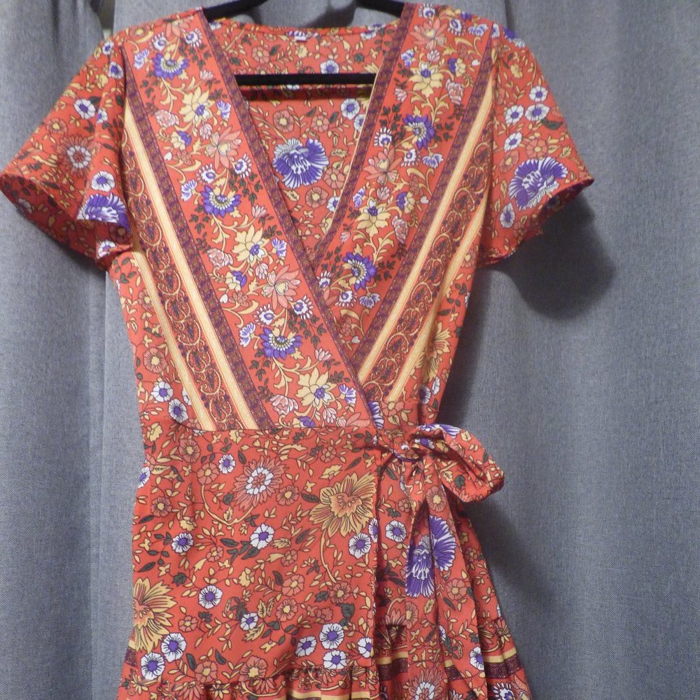 Red Floral Wrap Mini Dress S